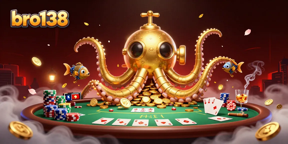 Engage with the dynamic bro138 casino scene featuring a golden kraken and poker action amidst golden coins.