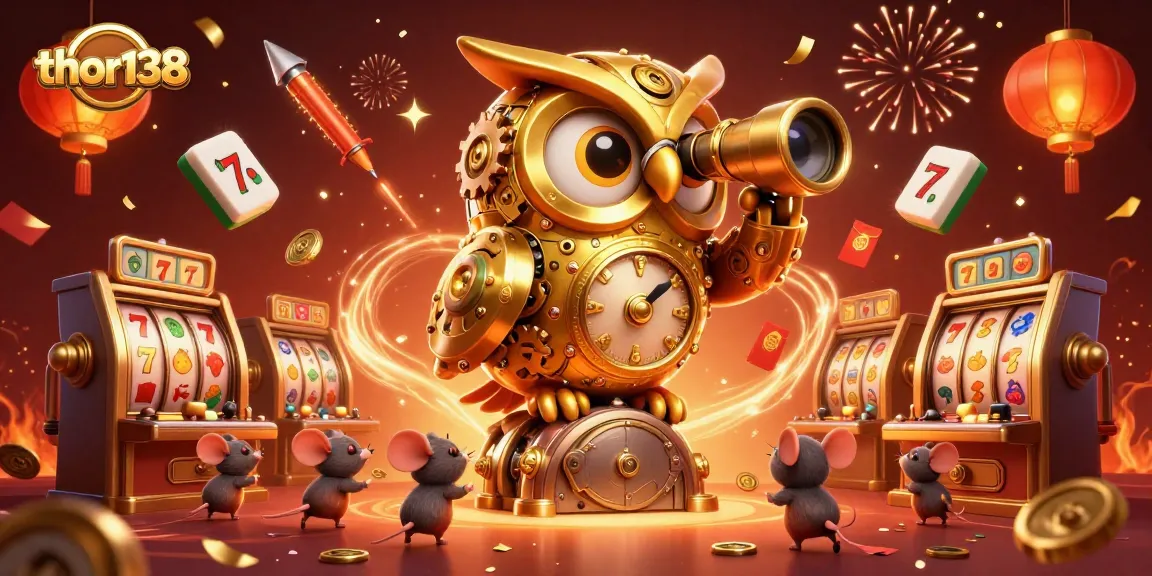 Thor138 menang dengan simbol slot berkilau dan pemandangan kasino meriah