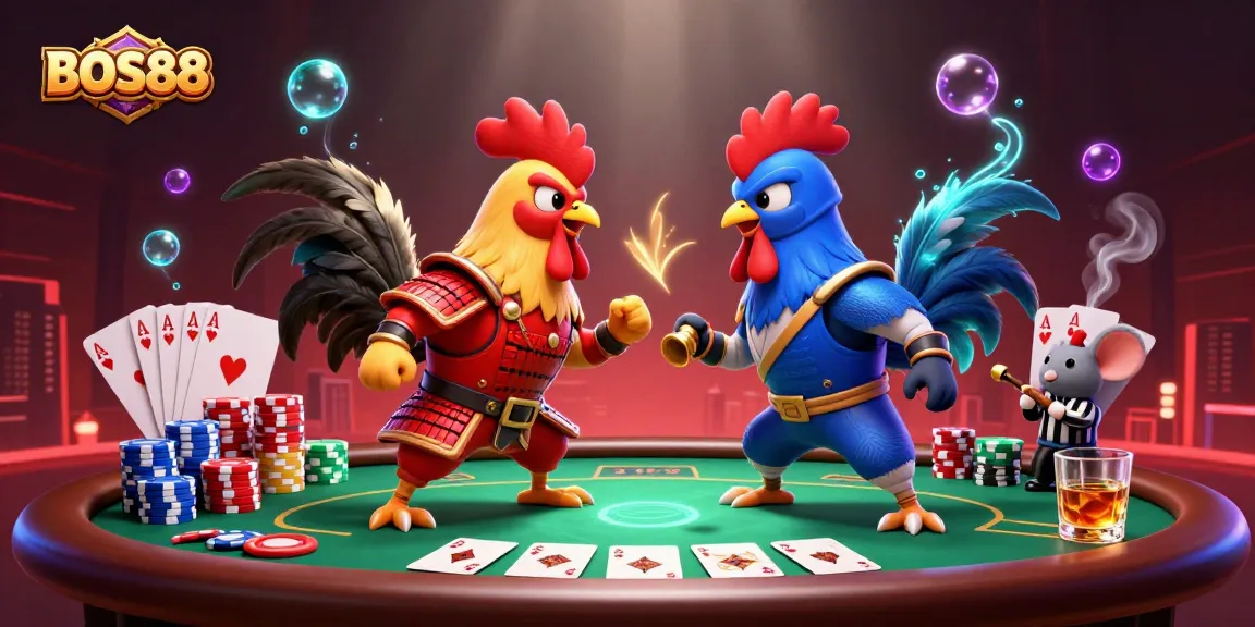 Gegara slot online BOS88, dua ayam jantan bertarung di antara tumpukan chip poker warna-warni.