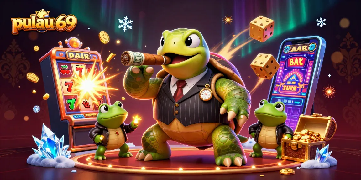 Engage with pulau 69 through a vibrant casino scene featuring a snapping turtle and jackpot symbols.