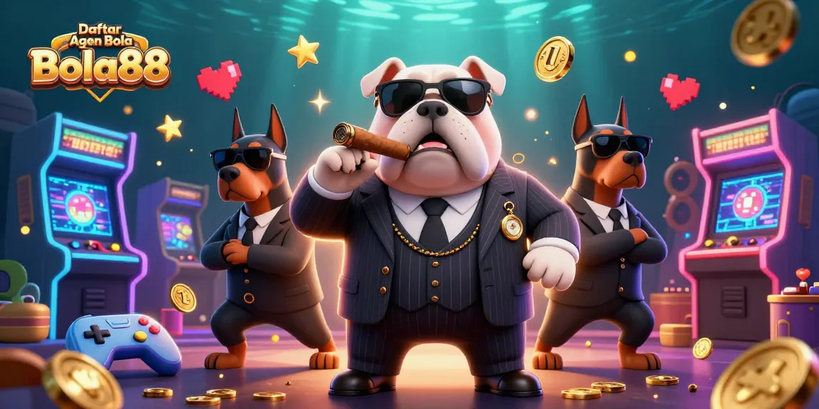 Engage with Daftar Agen Bola Bola88 in a dynamic 3D casino scene featuring a mafia bulldog and Doberman bodyguards.