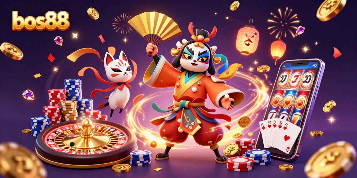 Experience the excitement of bos88 with dynamic casino elements and vibrant characters in a stunning 3D illustration.