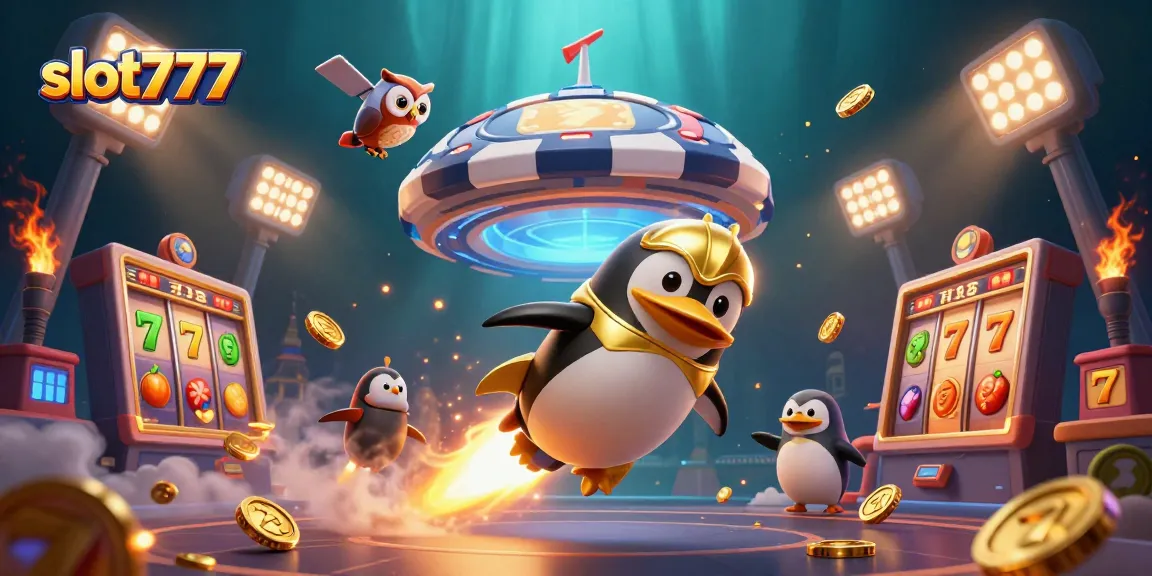 Spin slot777 reels alongside a golden penguin blasting through space with coins drifting.