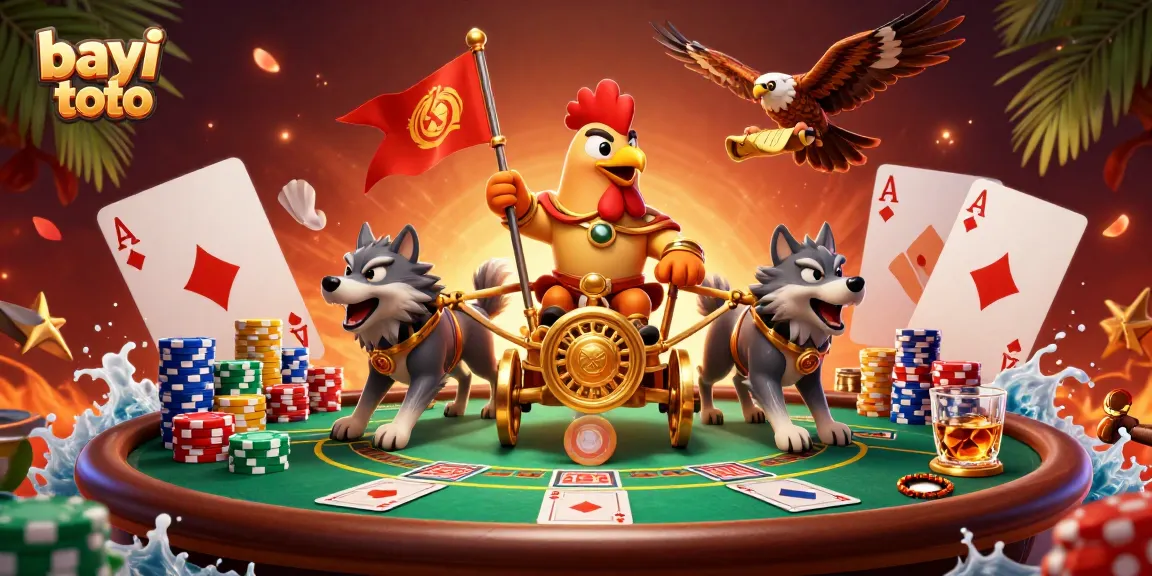 Engage with bayi toto as a colorful illustration featuring a rooster warlord and dynamic poker elements.