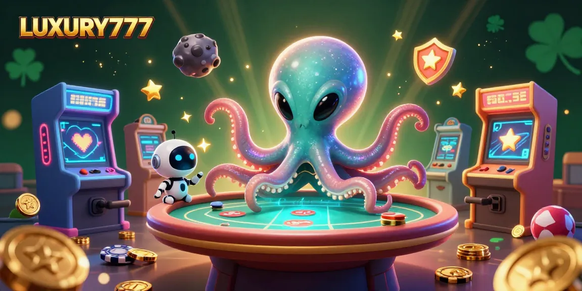 Permainan slot seru di LUXURY777 dengan alien gurita dan robot kecil, atmosfer ceria.