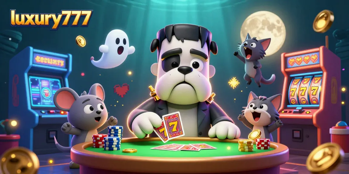 Experience luxury777 with a lively cartoon scene of a Frankenstein bulldog dealing poker at a spooky table.