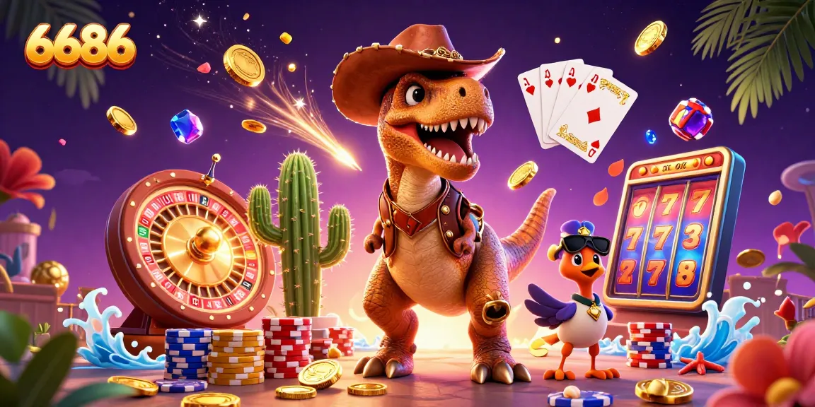 Join the fun at 6686 with our cartoon cowboy T-Rex, surrounded by festive casino elements.