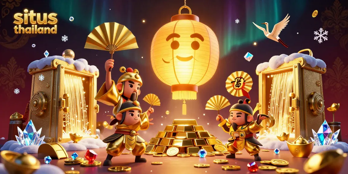 Engage in thrilling slots at situs thailand with golden treasures and vibrant symbols amid festive casino elements.
