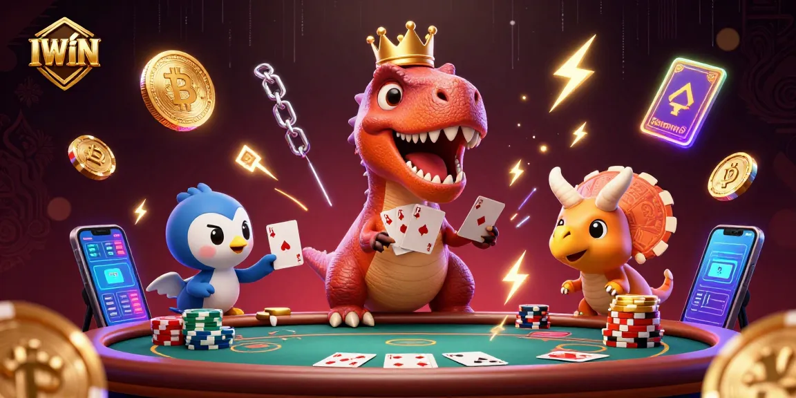 Engage with IWIN's dynamic gaming scene featuring a T-Rex, pterodactyl, and triceratops at a poker table.