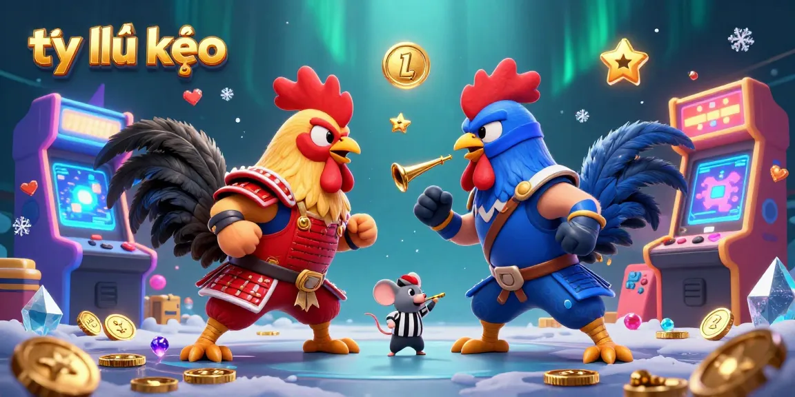 Experience real-time tỷ lệ kèo with dynamic 3D cartoon fighting roosters in a thrilling casino scene.