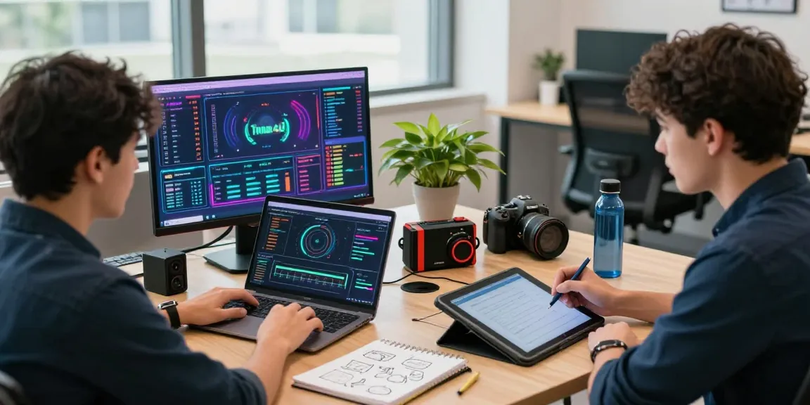Strategy session on Tunas4D in a modern workspace with tech gadgets and analytics.