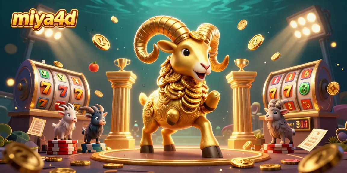 Miya4d showcases a golden ram charging through a vibrant casino scene filled with slot games and gold coins.