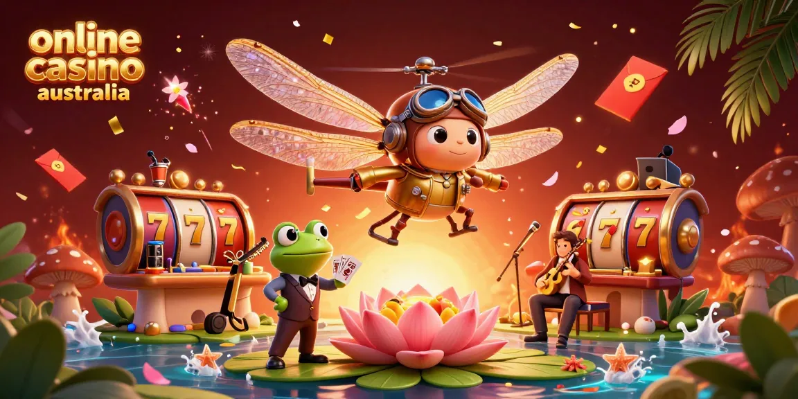 Experience the excitement of online casino Australia with a lively 3D scene featuring unique characters and elements.