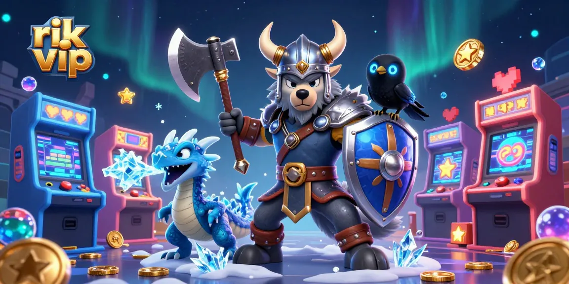 Engage with rik vip gameplay in a vibrant 3D illustration showcasing a Viking warrior and dragon.