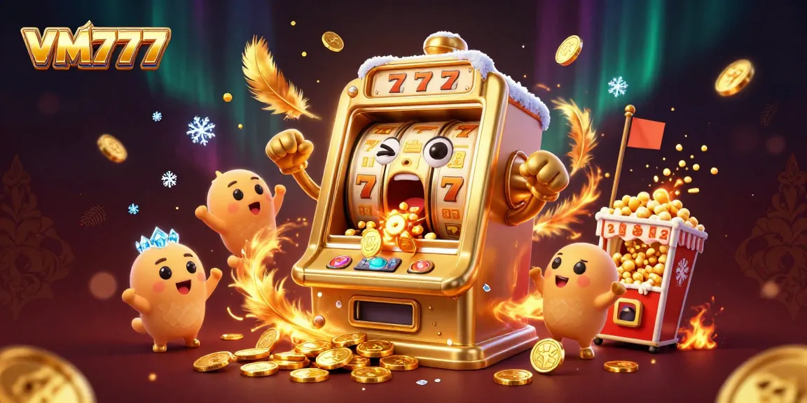 VM777 slot machine celebrates a jackpot win, surrounded by cheering smaller machines and golden coins.