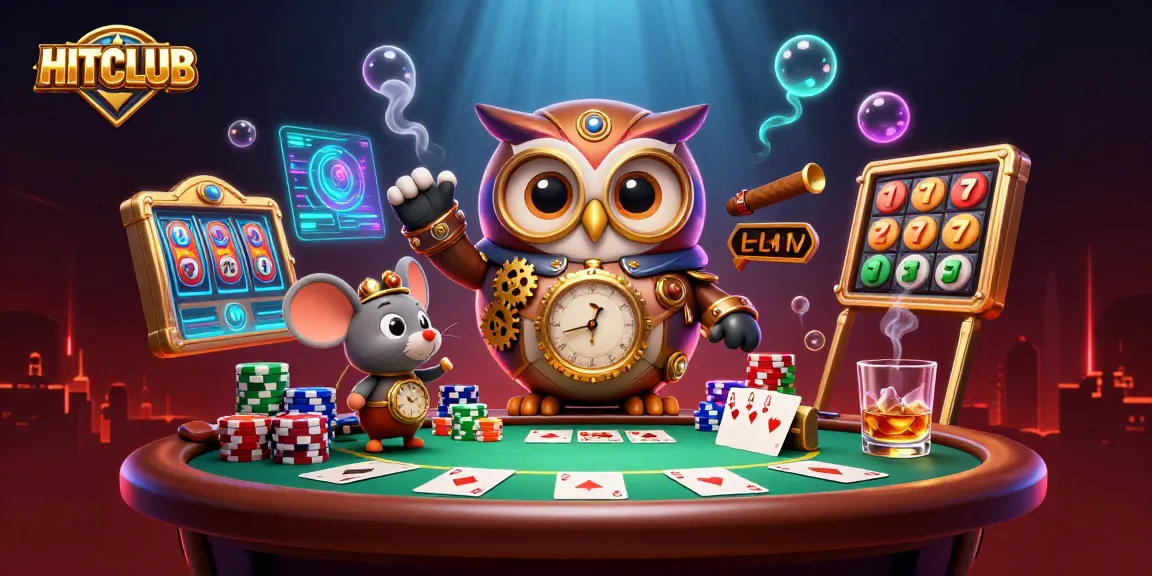 Experience HITCLUB excitement with a dynamic 3D casino illustration featuring steampunk elements and vibrant game symbols.