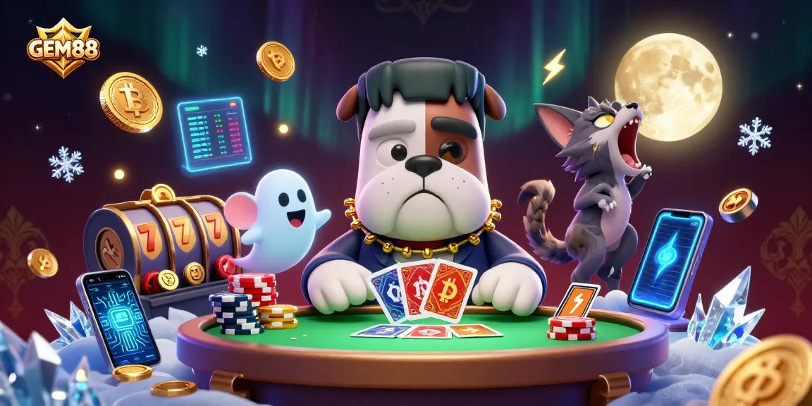 Engage with GEM88 as a Frankenstein bulldog monster deals cards at a casino table.