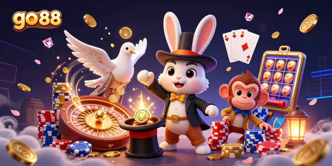 Enjoy the vibrant go 88 casino experience with cartoon characters amidst coins and a roulette wheel.