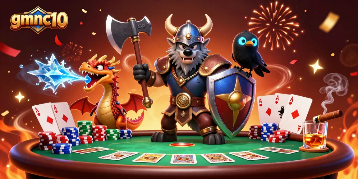Engage with exciting gameplay at gmnc10 featuring Viking wolf, dragon, and poker elements.