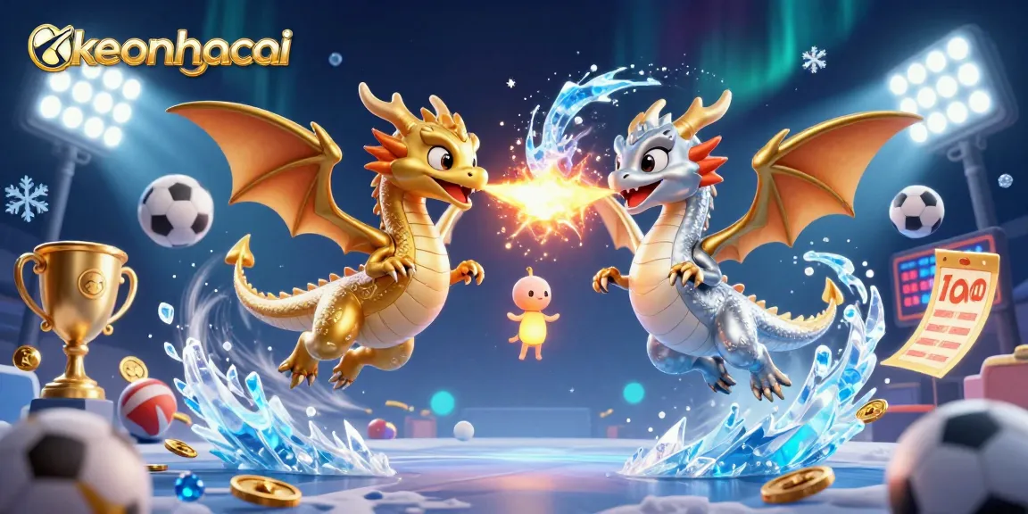 Experience keonhacai betting excitement with dynamic dragons and sports elements in an action-packed 3D illustration.