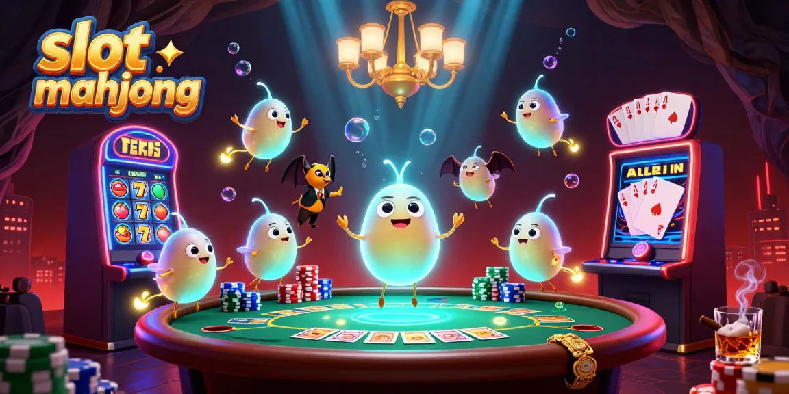 Experience the excitement of slot mahjong in a vibrant 3D illustration featuring a dynamic casino scene with glowworms and poker elements.