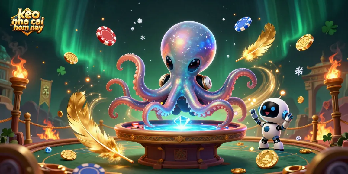 Engage with the exciting "keo nha cai hom nay" as a cartoon alien octopus operates a holographic poker table amidst cosmic gambling elements.