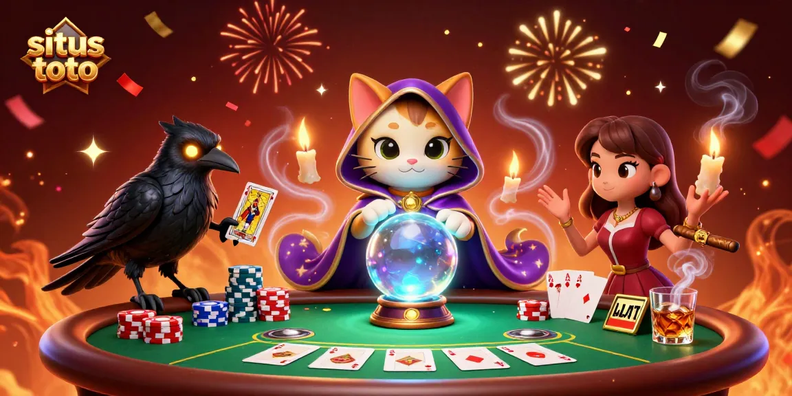 Experience situs toto in a vibrant casino scene with mystical characters and poker elements.