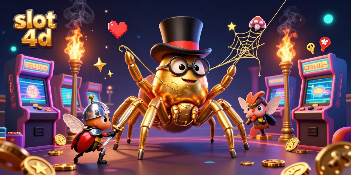 Menangkan slot 4D dengan tarantula emas dan ksatria kecil dalam ilustrasi 3D yang dinamis.