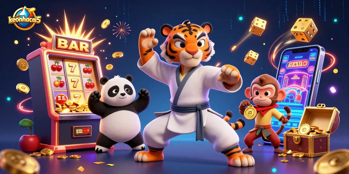 Engage in thrilling betting actions with keonhacai5 as a kung fu tiger navigates vibrant casino elements.