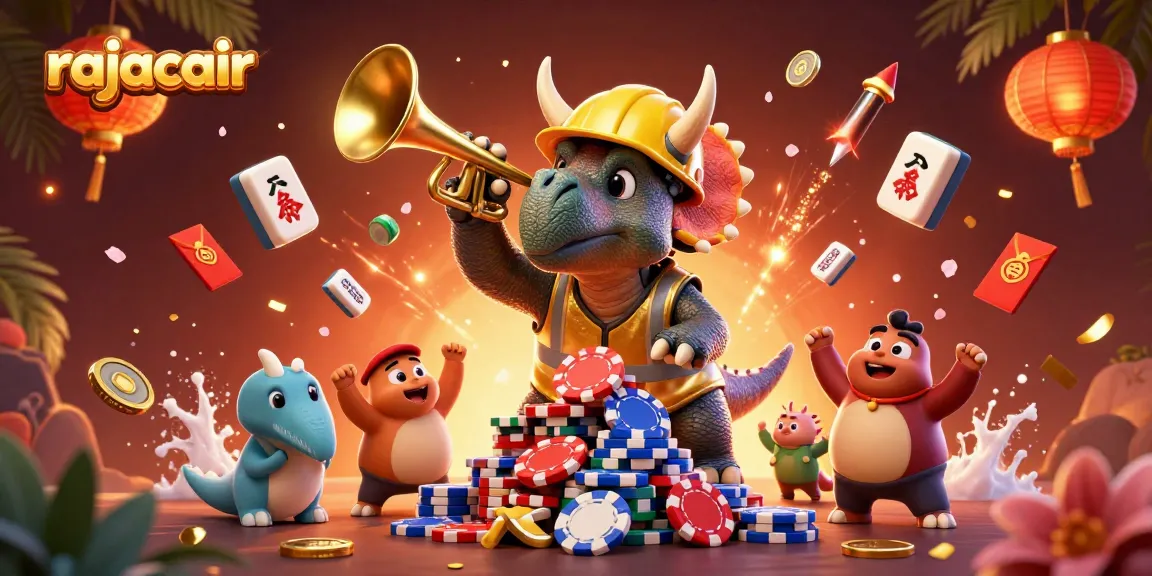 Rajacair mempresentasikan triceratops membangun chip poker sembari dinyanyikan oleh parasaurolophus dalam suasana penuh warna.