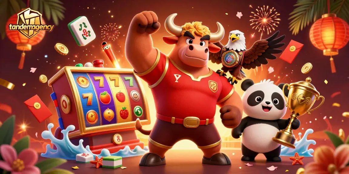 Tandemagency celebrates winning vibes in casino illustration, featuring bull mascot, eagle, and panda with slots.