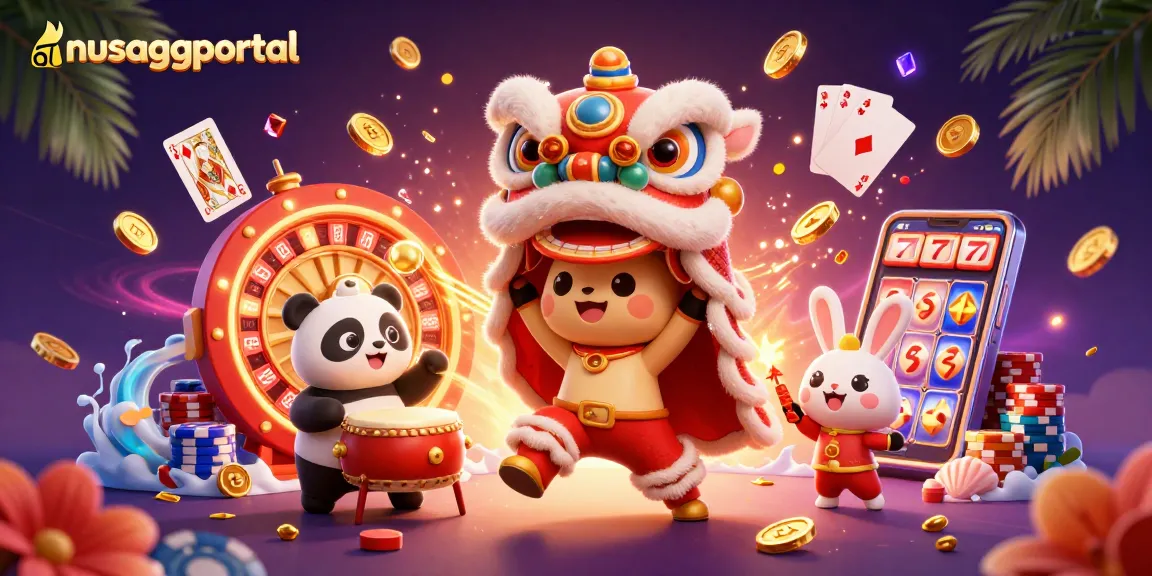 Experience the excitement at nusaggportal with vibrant casino-themed 3D illustration featuring a Chinese lion dance and lively game elements.