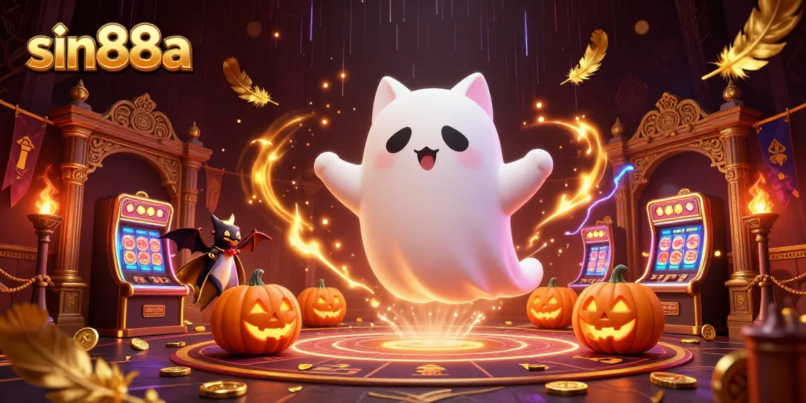 Experience the excitement of sin88a with a friendly ghost cat in a spooky casino setting featuring vibrant characters.