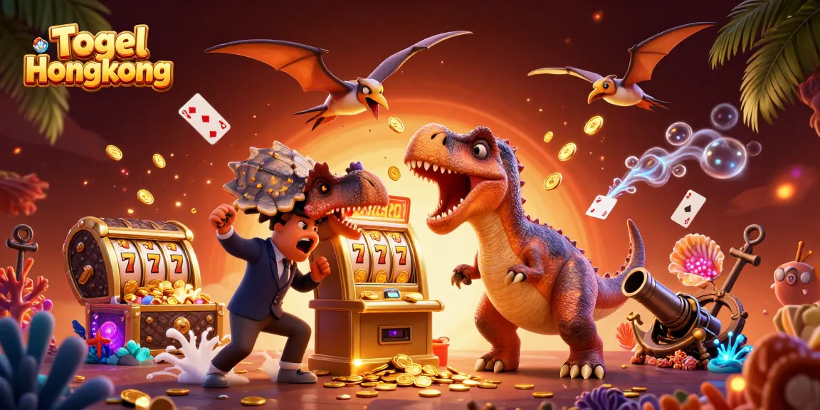 Togel Hongkong jackpot celebration with cartoon dinosaurs winning coins from a golden slot machine in a vibrant casino