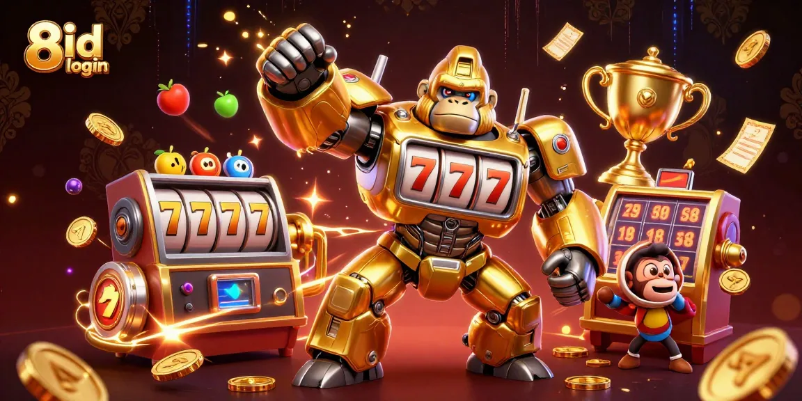 Experience thrilling gaming with 8id login featuring a dynamic golden gorilla mech and exciting slot elements.