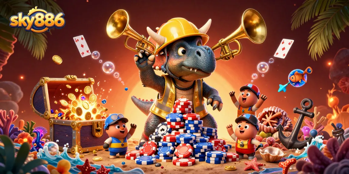 Experience thrilling gaming action with sky886 as a triceratops builds a pyramid of poker chips.