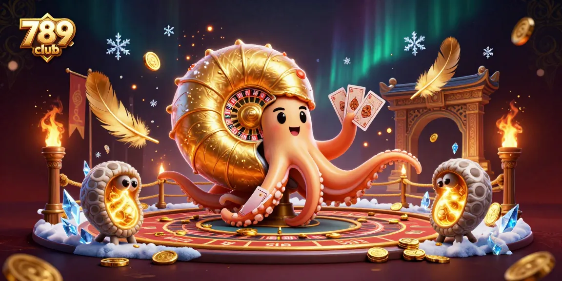 Engage with the 789 club, showcasing a vibrant casino scene with a nautilus roulette wheel and glowing fossils.