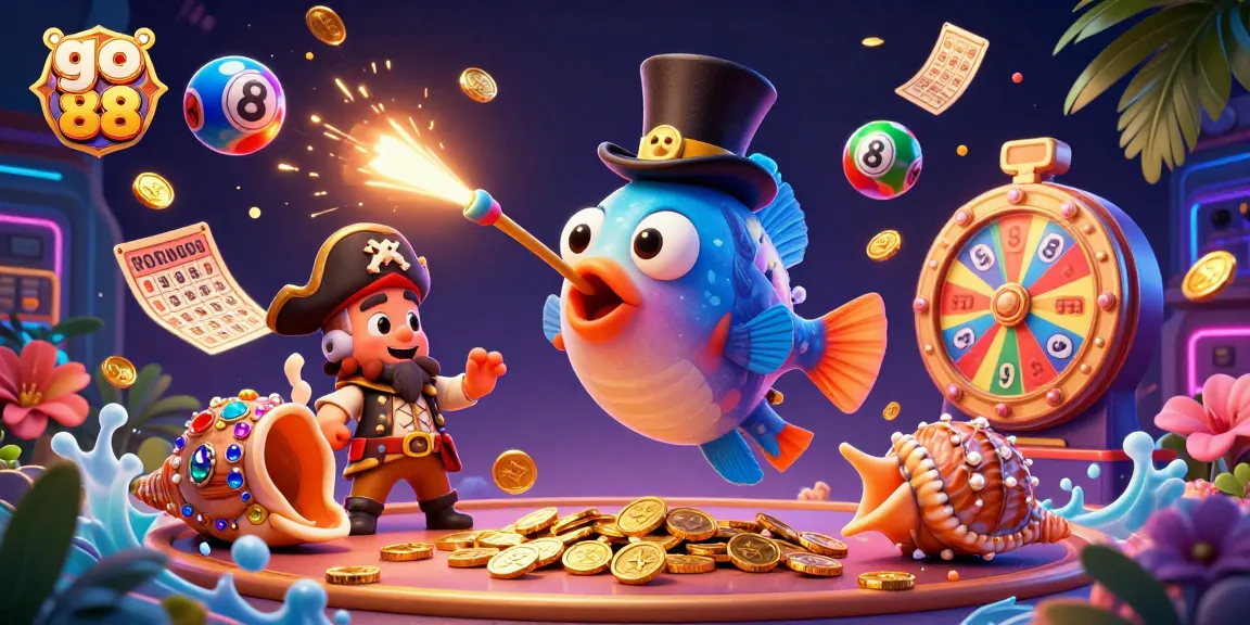 Engage with go 88's vibrant world, featuring an anglerfish attracting golden coins amidst dynamic lottery elements.