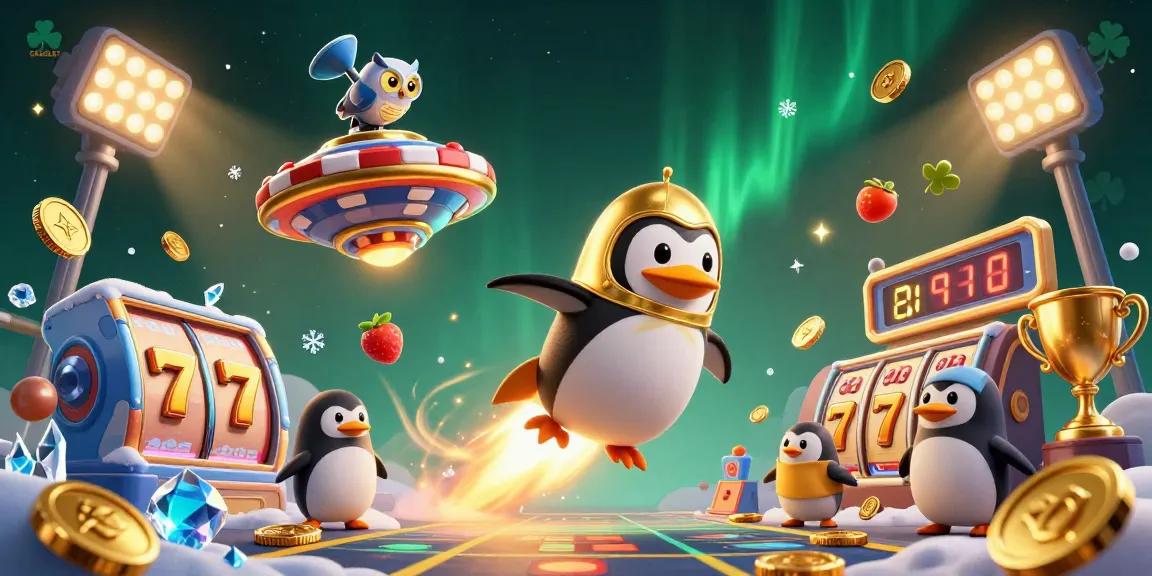OKESLOT menampilkan penguin emas bertenaga roket yang meluncur ke stasiun kasino dengan simbol slot mengelilinginya, memancarkan koin emas.