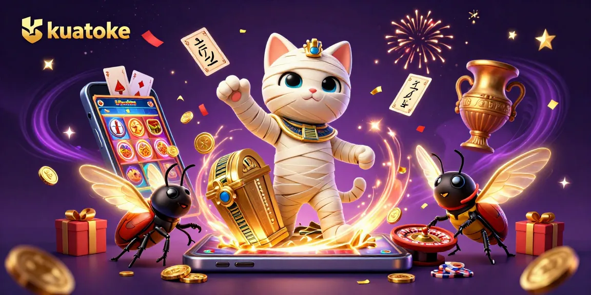 Kuatoke reveals a lively Egyptian casino scene featuring a mummy cat, glowing scarab, and vibrant slot game action.