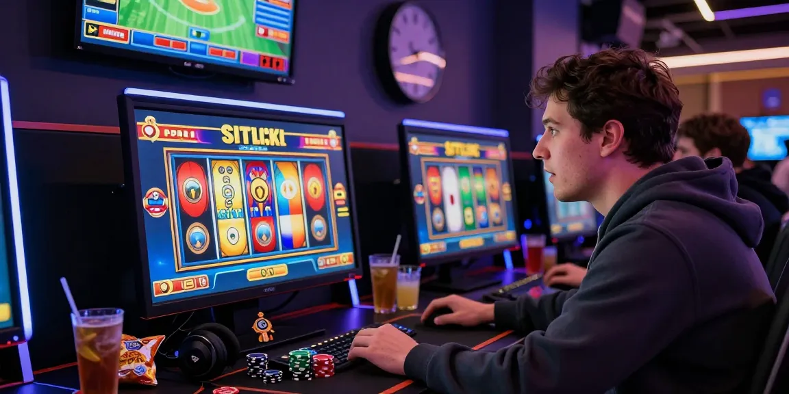 Engaged player focused on vibrant situs slot games on a gaming setup with LED lights, poker chips, and snacks.