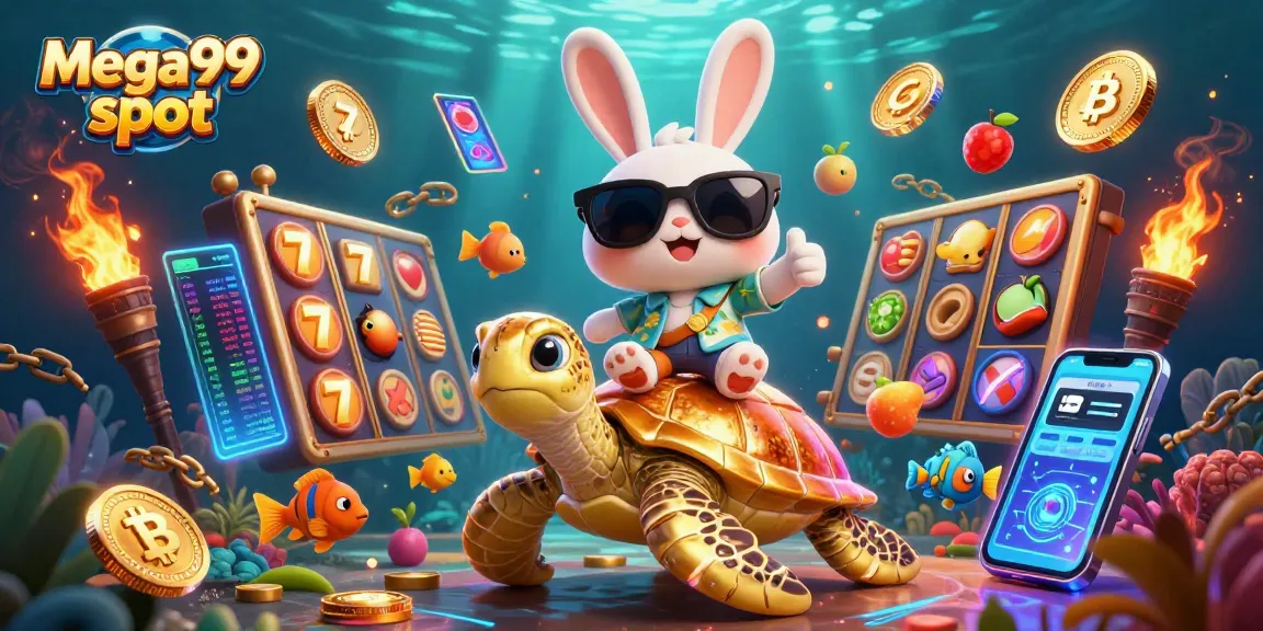Spin to win on mega99 slot with a lucky rabbit and sea turtle surrounded by vibrant gaming elements.