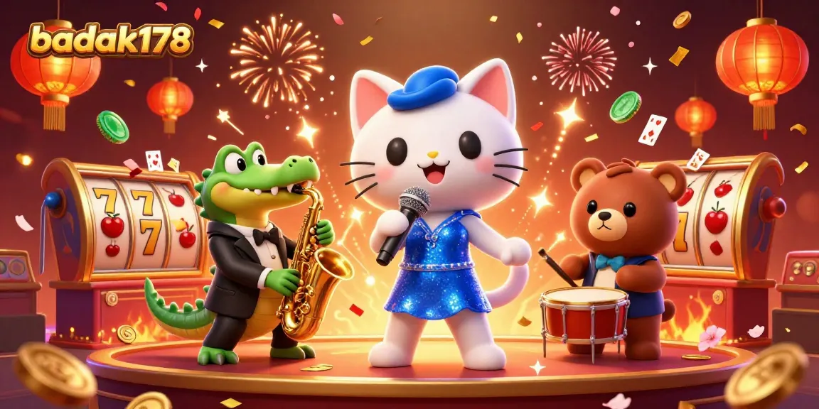 Engage with the vibrant world of badak178 showcasing a jazz-singer cat and friends amidst a festive casino atmosphere.