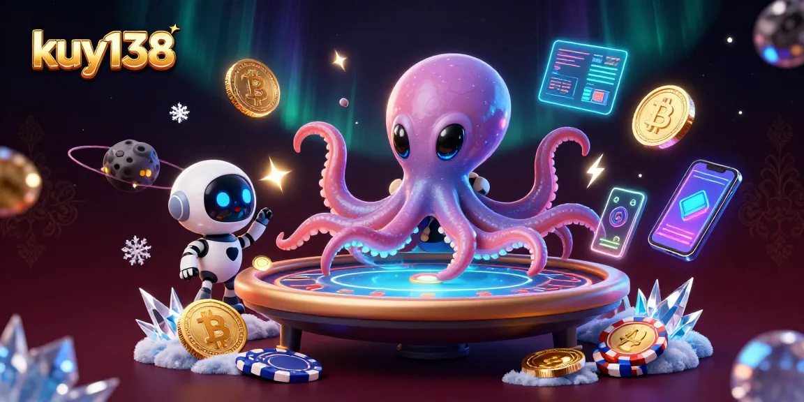 Permainan kasino yang menyenangkan kuy138 dengan karakter alien dan robot di meja poker.