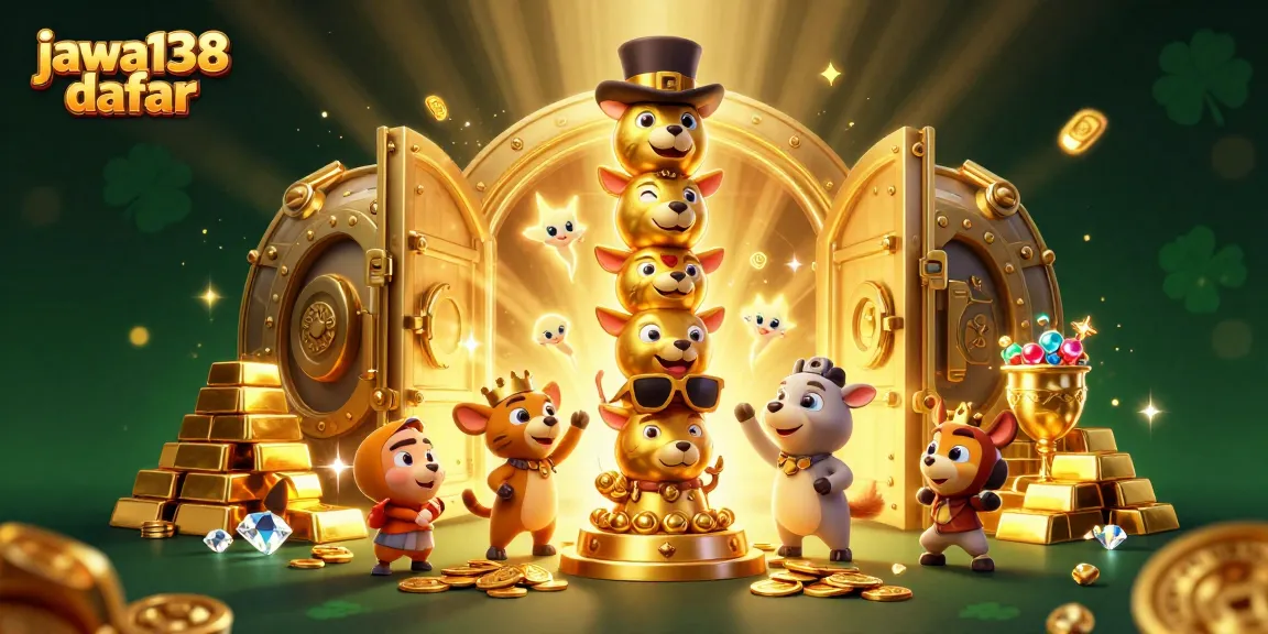 jawa138 daftar menunjukkan ilustrasi 3D meriah dengan totem emas, aksesori kasino, dan harta bertumpuk.