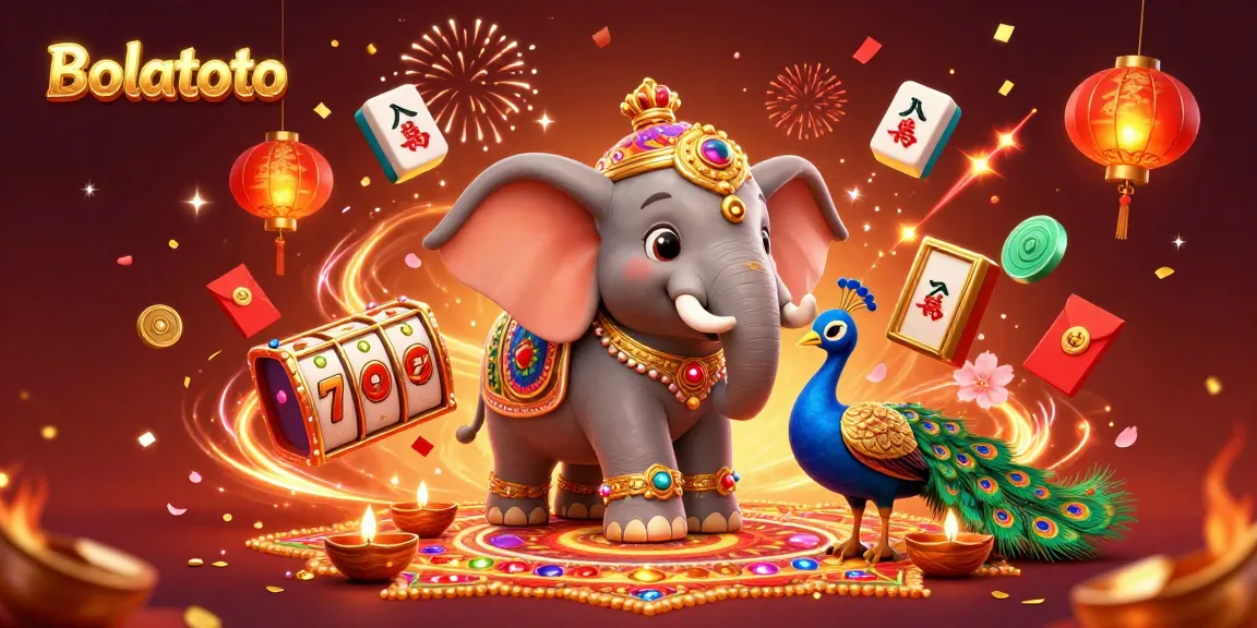 Engage with Bolatoto's dynamic casino excitement featuring a magical elephant and vibrant slot elements.