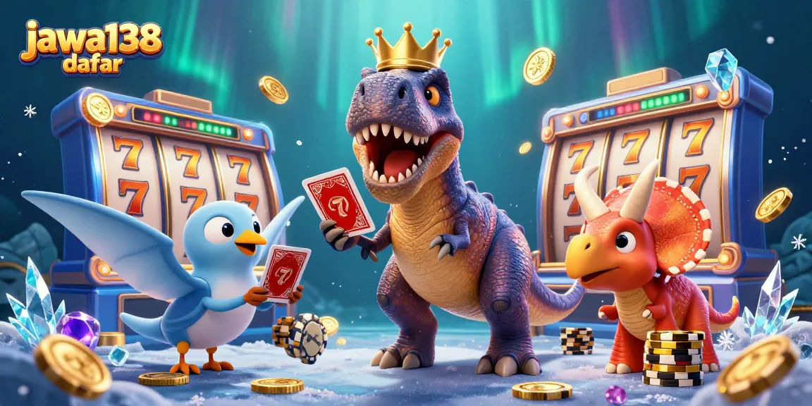 Engage with the exciting jawa138 daftar casino scene featuring a T-Rex shuffling cards and a pterodactyl assisting while a baby triceratops stacks chips.