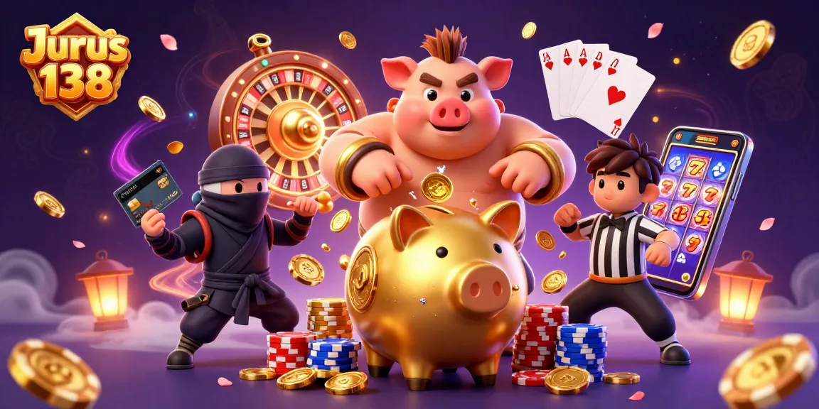 Join the thrilling action at Jurus 138 with a golden piggy bank sumo wrestler, shining coins, and dynamic casino elements!