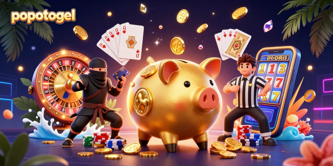 Experience thrilling action with popotogel, featuring a golden piggy bank, ninja, and samurai in a vibrant casino scene.