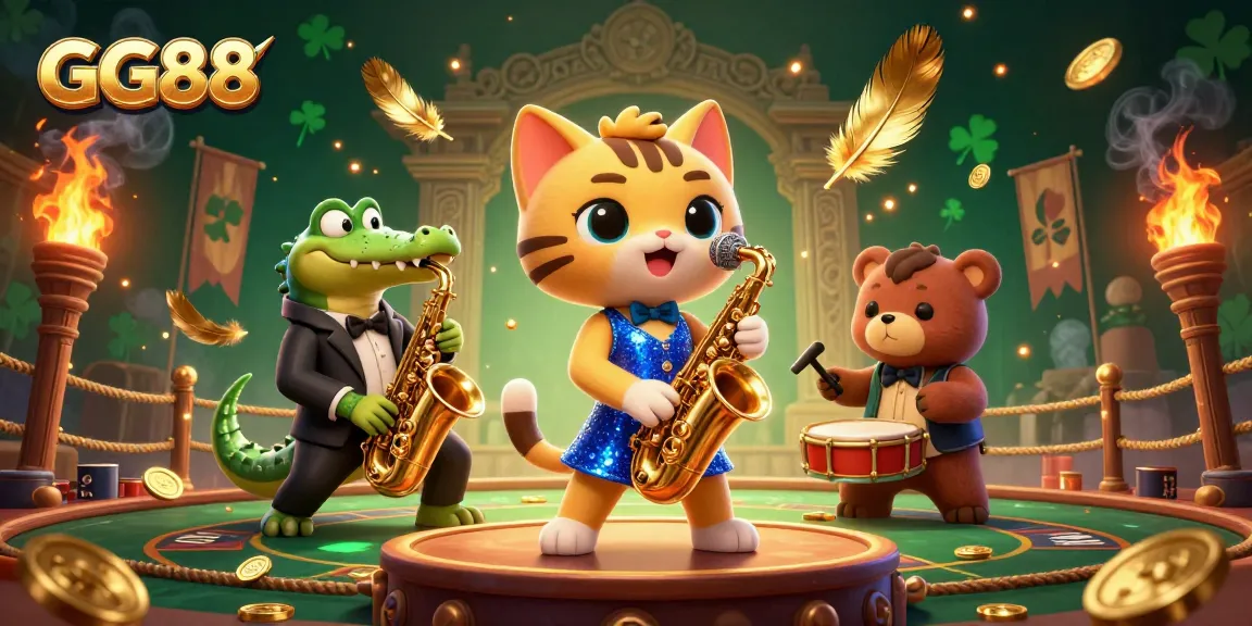 Engage with GG88 in a vibrant casino scene featuring animated characters and dynamic gambling elements.
